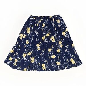 Retro Navy Blue Floral Midi Skirt Yellow Flowers A-Line Cottagecore